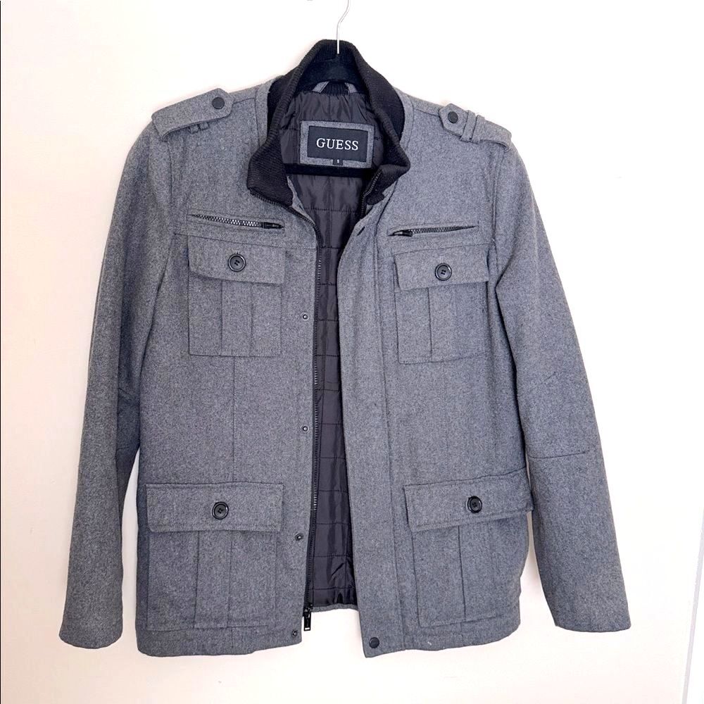 GUESS Men's Charcoal Military Jacket Coat Small Gray